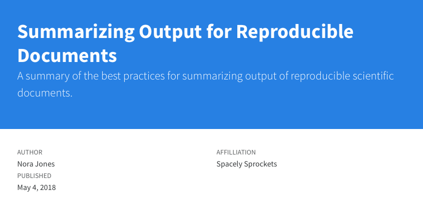 Title block with title and description against a blue background up top, and below a section with author, affiliation, and date published.